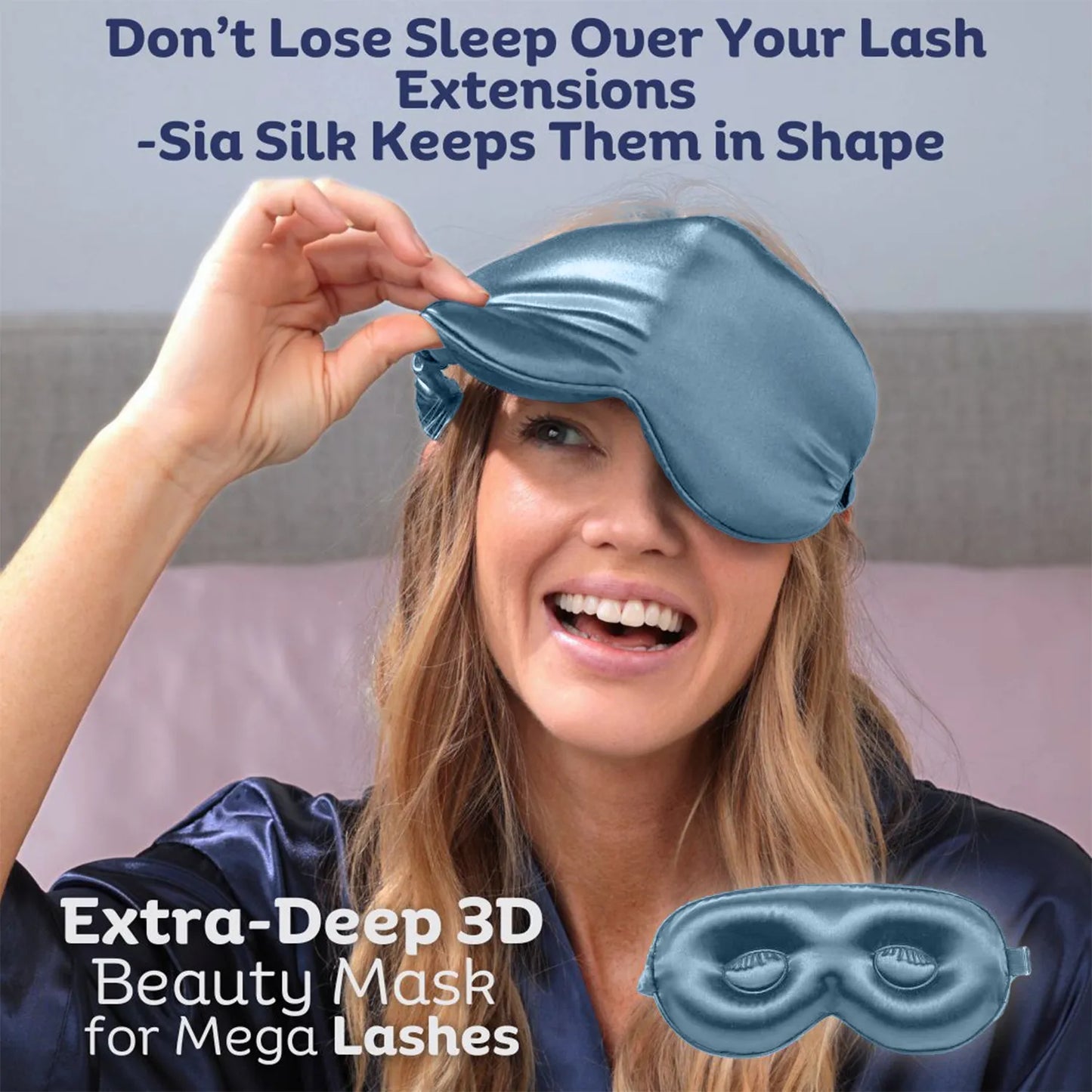 Sia Silk® Sleep Mask with extra deep eye cups for long lashes  - Stormy Blue